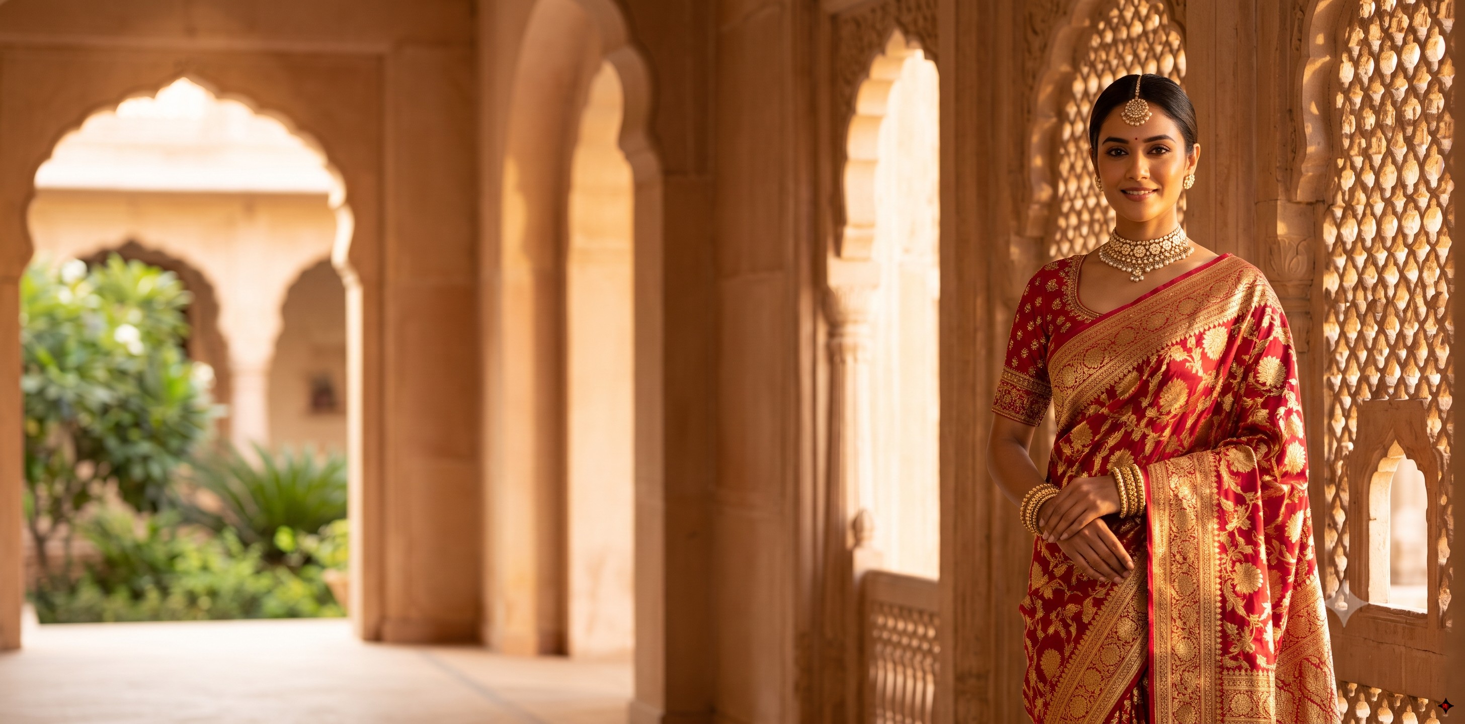 House of Gargi — Raj-Darbar Sandstone Jharokha Bridal Silk